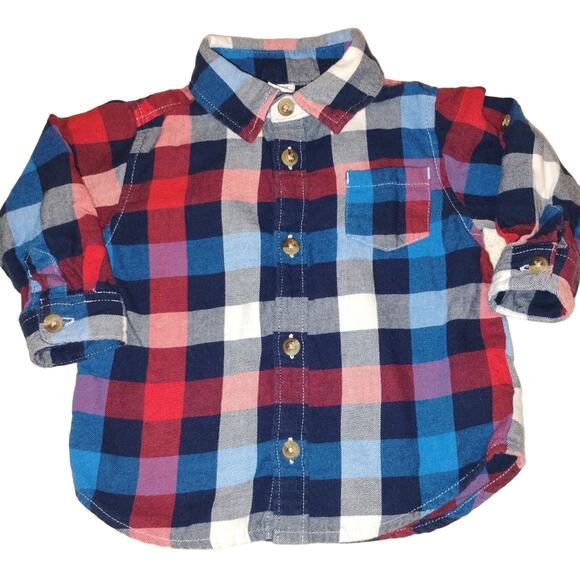 Old Navy Blue, Red, and White Plaid Button Up Long Sleeve Collared Shirt 6-12 M - Picture 1 of 5